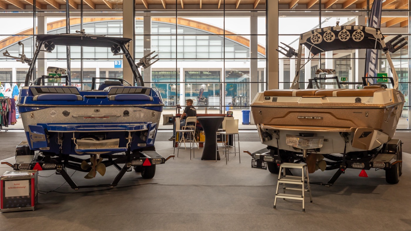 Boats inside the Rob Lacy Marine showroom